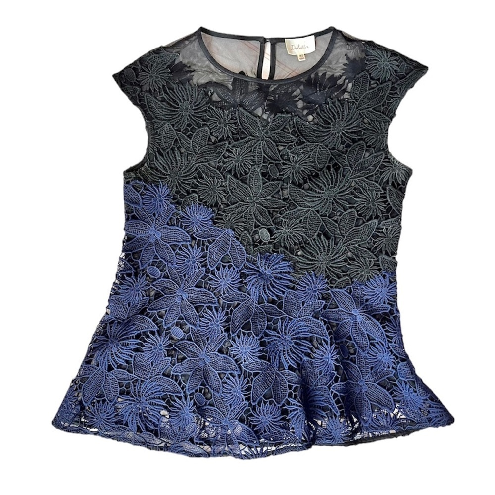 Anthropologie Deletta Guipure Lace Asymmetrical Ombre Sheer Peplum Blouse - Picture 10 of 11